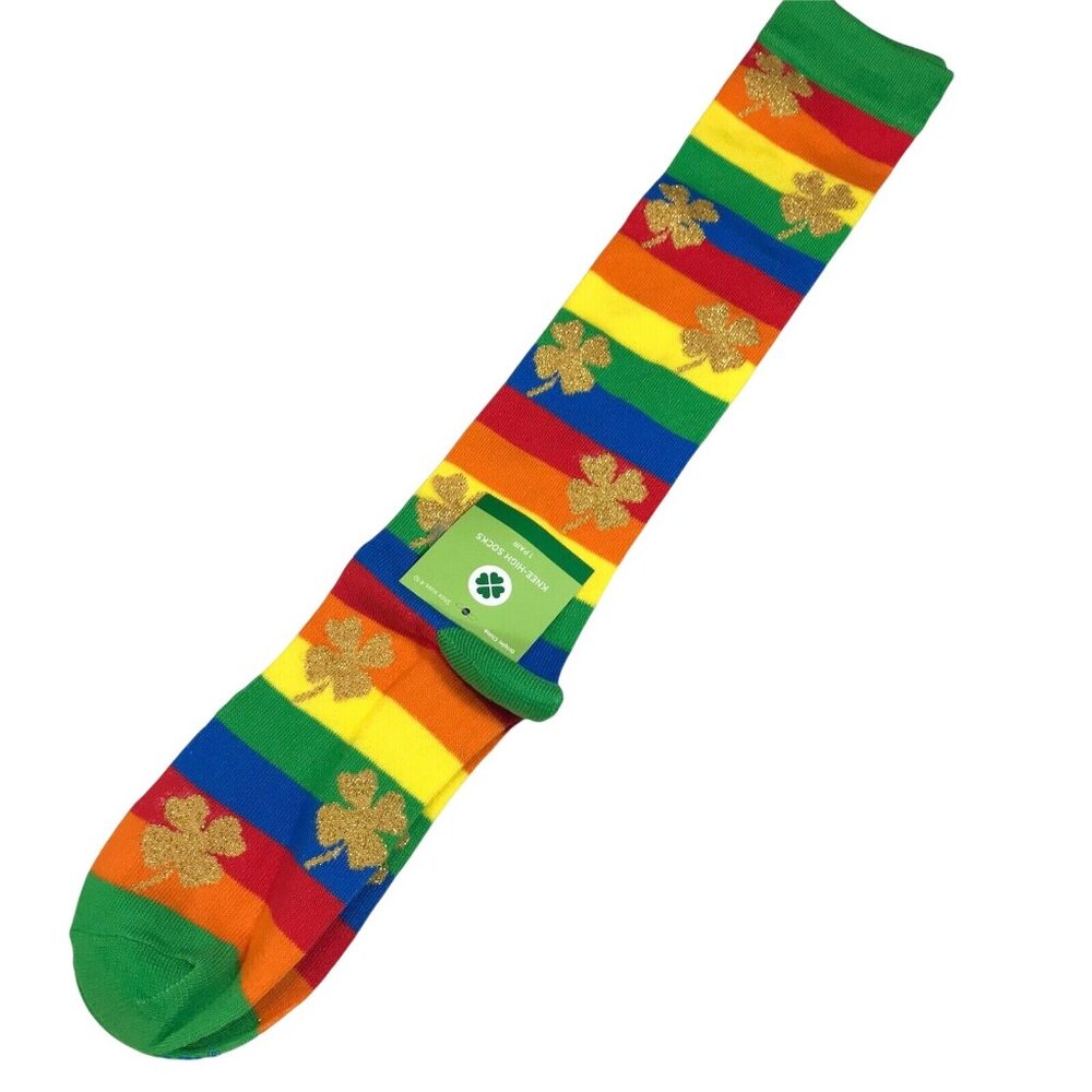 St. Patrick's Day Multicolor Rainbow Knee-High Socks Shamrock For Shoe Size 4-10